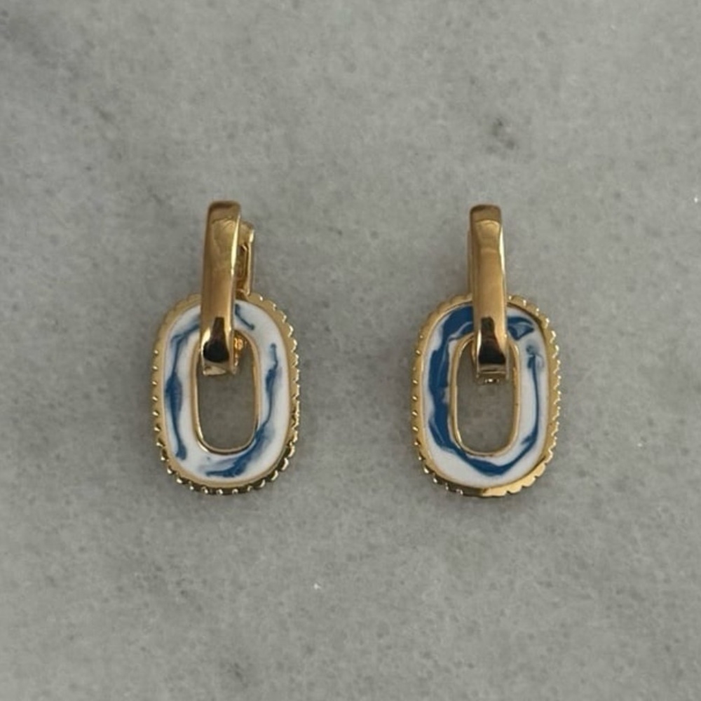 Gold Blue White Oriental Painted Double Oval Hoop Earrings 

Brand New
